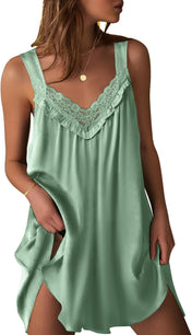 Ekouaer Women'S Satin Silk Nightgown V Neck Sexy Nightdress Tank Sleeveless Sleepshirt Lace Sleep Dress Nightwear S-XXXL