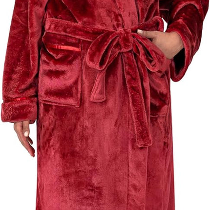 Women’s plush fleece hooded long bath robe with pockets in red checkered pattern