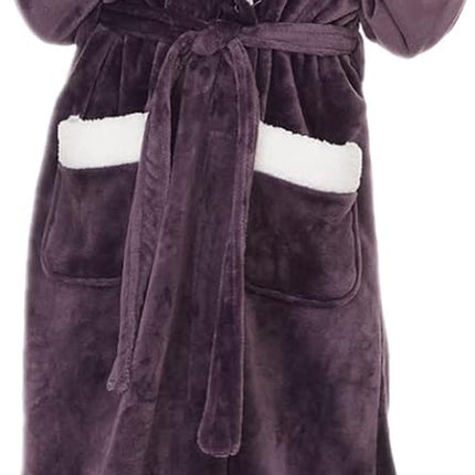 Long plush fleece hooded robe for women with soft warm fabric and relaxed fit