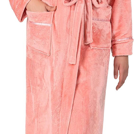 Women’s plush fleece hooded long bath robe with pockets in red checkered pattern