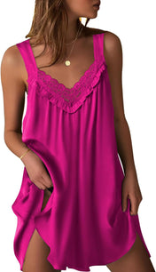 Ekouaer Women'S Satin Silk Nightgown V Neck Sexy Nightdress Tank Sleeveless Sleepshirt Lace Sleep Dress Nightwear S-XXXL