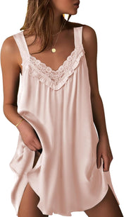 Ekouaer Women'S Satin Silk Nightgown V Neck Sexy Nightdress Tank Sleeveless Sleepshirt Lace Sleep Dress Nightwear S-XXXL