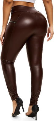 SEASUM Women'S Faux Leather Leggings Pants PU Elastic Shaping Hip Push up Black Sexy Stretchy High Waisted Tights