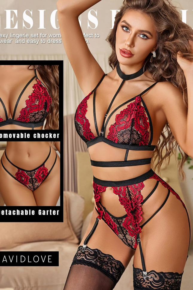 Avidlove Lace Garter Lingerie Set with Removable Choker Teddy Babydoll Strappy Bra and Panty Set (No Stockings)