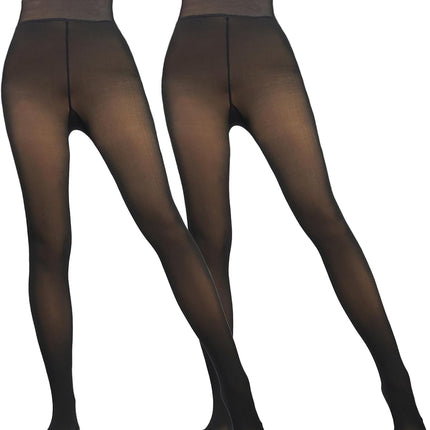 2 Pairs Women Fleece Lined Tights-Fake Translucent Leggings High Waist Pantyhose Sheer Thick Warm Tights for Women