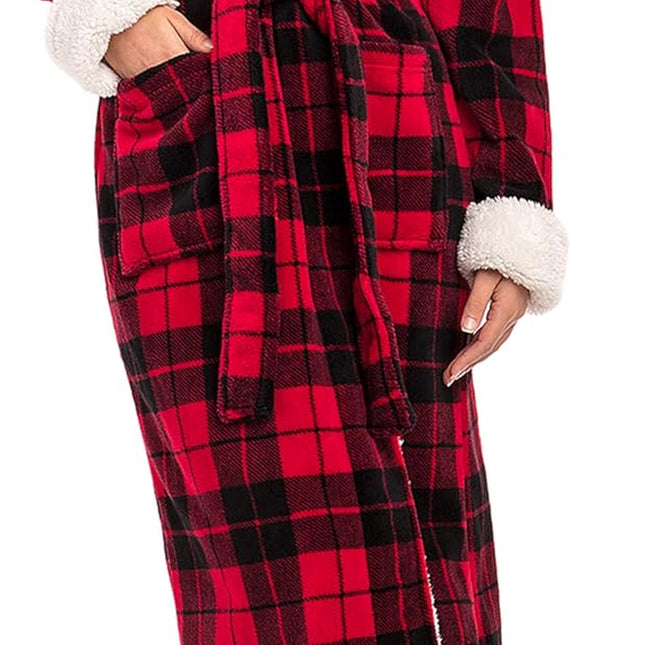 Women’s plush sherpa long bath robe with shawl collar and pockets in steel gray