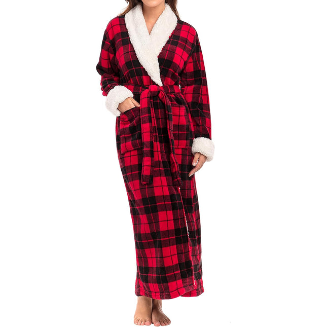 Women’s plush sherpa long bath robe with shawl collar and pockets in steel gray