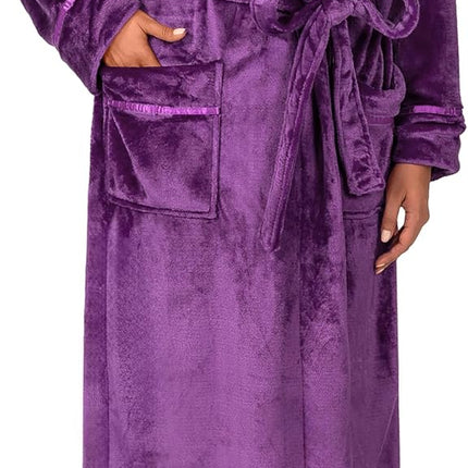 Women’s plush fleece hooded long bath robe with pockets in red checkered pattern