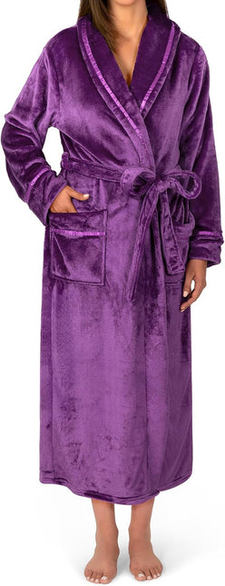 Women’s plush fleece hooded long bath robe with pockets in red checkered pattern