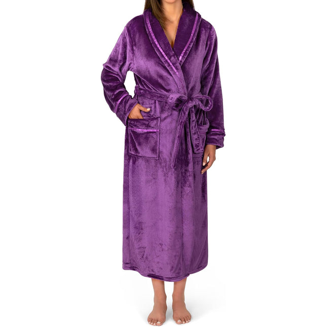 Women’s plush fleece hooded long bath robe with pockets in red checkered pattern