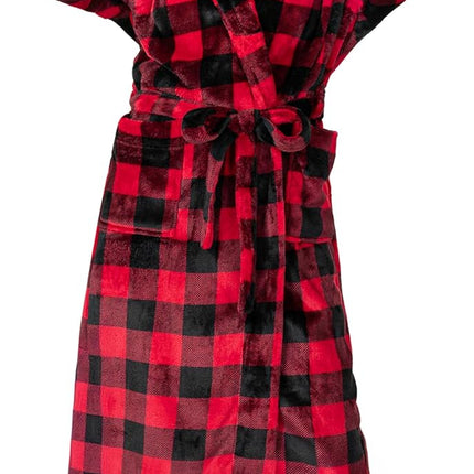 Women’s plush fleece hooded long bath robe with pockets in red checkered pattern