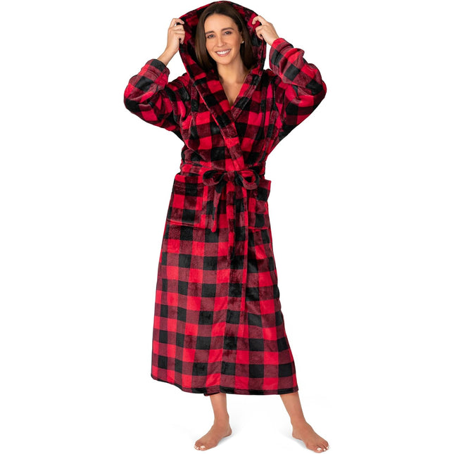 Women’s plush fleece hooded long bath robe with pockets in red checkered pattern