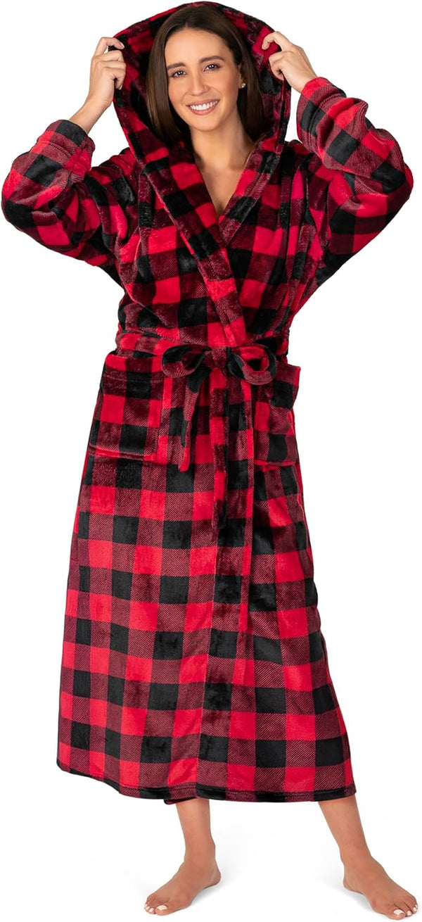 Women’s Plush Fleece Hooded Long Bath Robe – Soft Cozy Spa Housecoat with Pockets