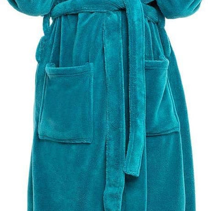 Plush fleece hooded bathrobe for women with long full-length design and warm winter comfort