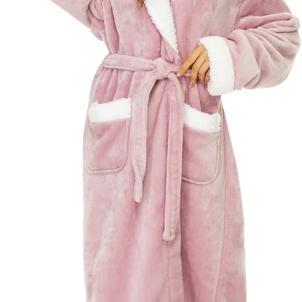 Long plush fleece hooded robe for women with soft warm fabric and relaxed fit