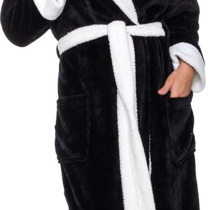 Women wearing full length plush fleece bath robe with shawl collar and tie waist in black