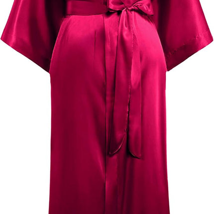 Women wearing long satin kimono robe with silky finish and tie waist in caramel color