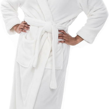 Plush fleece hooded bathrobe for women with long full-length design and warm winter comfort