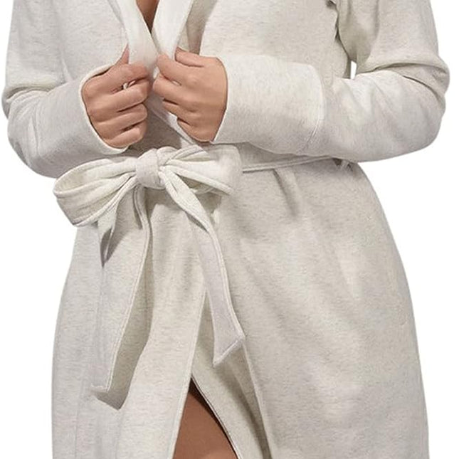 Women wearing ultra plush cozy fleece robe with shawl collar and pockets in heather grey