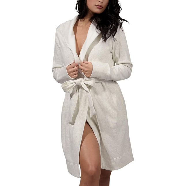 Women wearing ultra plush cozy fleece robe with shawl collar and pockets in heather grey