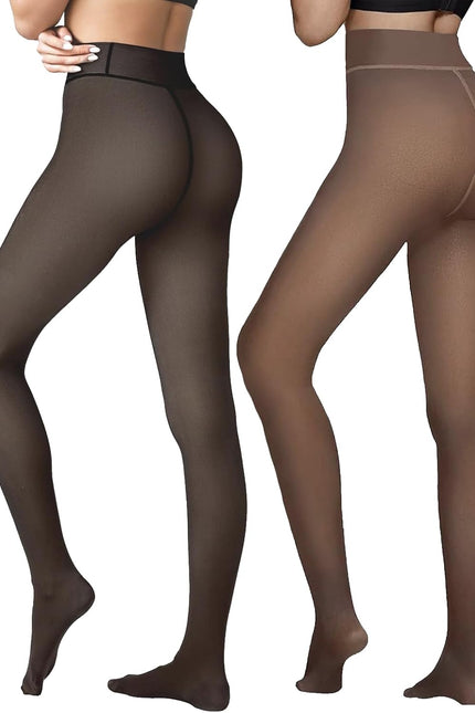 2 Pairs Women Fleece Lined Tights-Fake Translucent Leggings High Waist Pantyhose Sheer Thick Warm Tights for Women