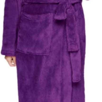 Women wearing full length plush fleece bath robe with shawl collar and tie waist in black