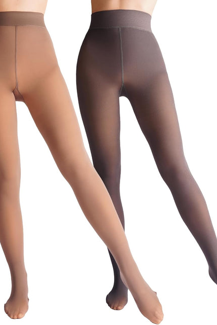 2 Pairs Women Fleece Lined Tights-Fake Translucent Leggings High Waist Pantyhose Sheer Thick Warm Tights for Women