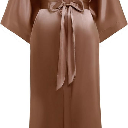 Women wearing long satin kimono robe with silky finish and tie waist in caramel color