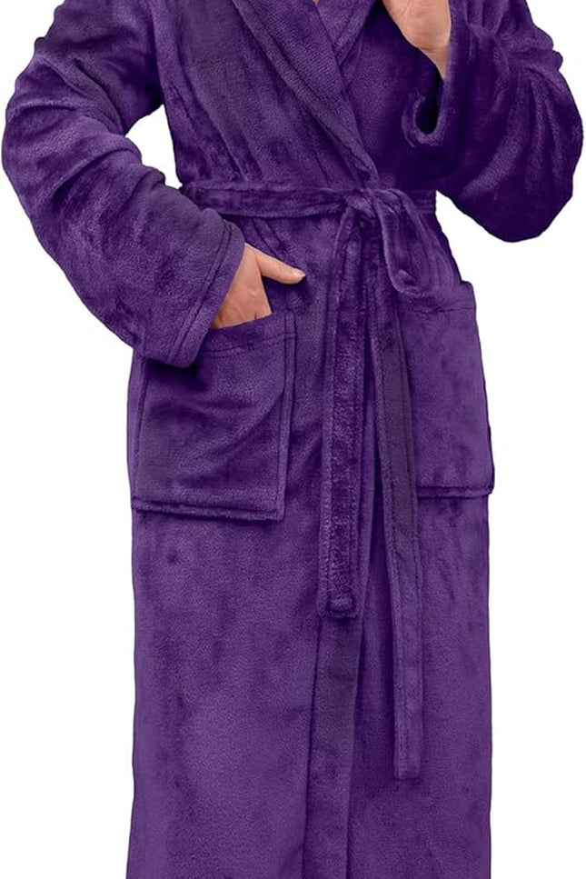 Women’s plush fleece long bathrobe with pockets in black color
