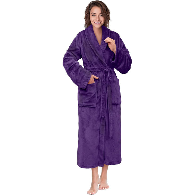 Women’s plush fleece long bathrobe with pockets in black color