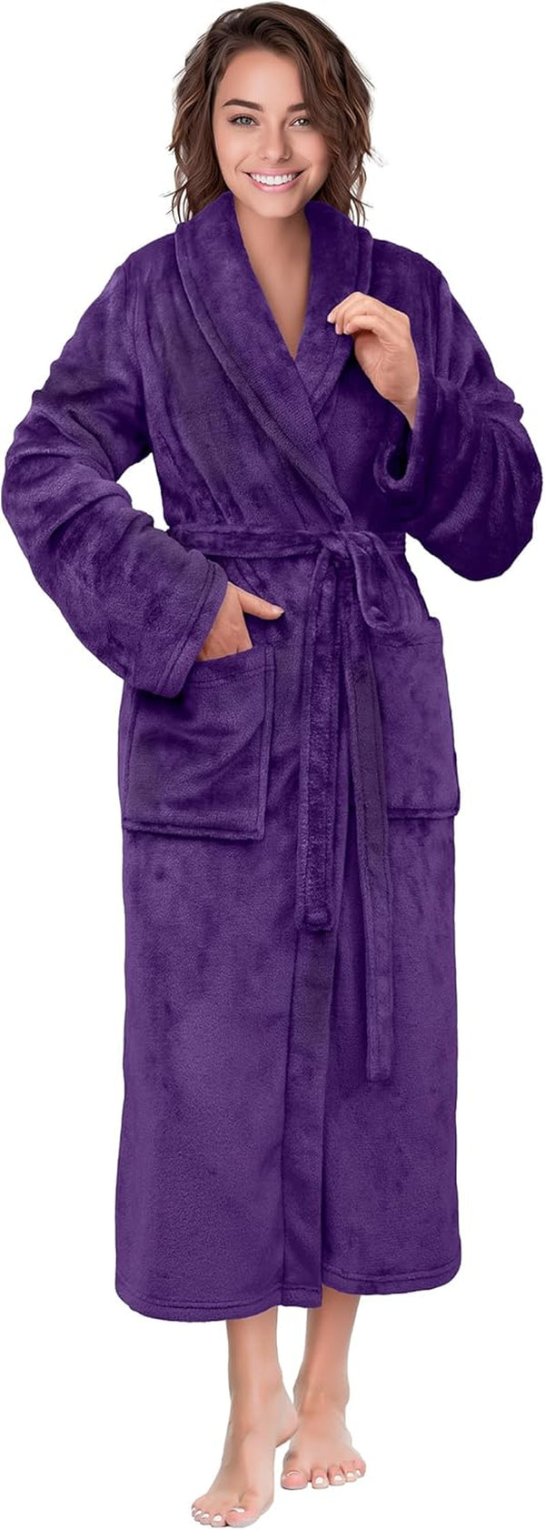 Women’s Plush Fleece Long Bathrobe – Soft Cozy Full-Length Robe with Pockets