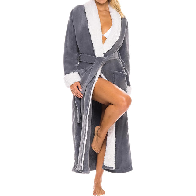 Women’s plush sherpa long bath robe with shawl collar and pockets in steel gray