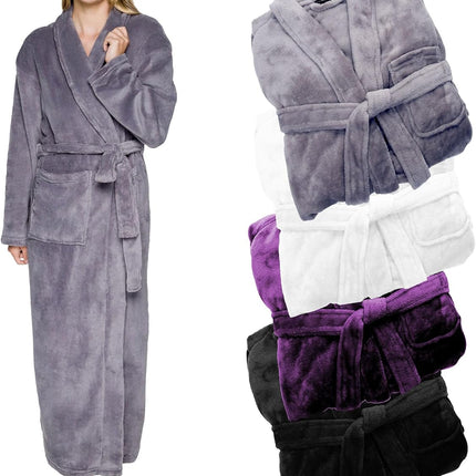 Women wearing full length plush fleece bath robe with shawl collar and tie waist in black