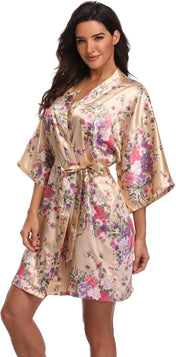 Super Shopping-Zone Women'S Floral Short Satin Bridesmaid Robes Silky Bride Robes Getting Ready