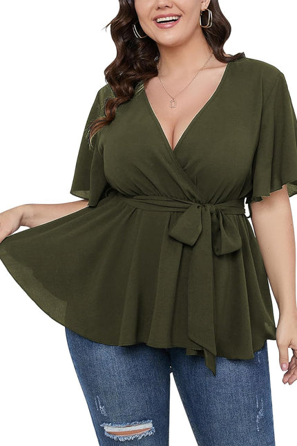 SCOMCHIC Women'S plus Size Short Sleeve V Neck Wrap Belted Ruffle Peplum Blouse Tops