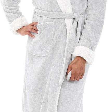 Women’s plush sherpa long bath robe with shawl collar and pockets in steel gray