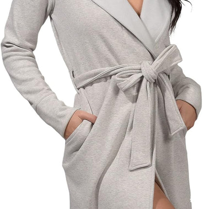 Women wearing ultra plush cozy fleece robe with shawl collar and pockets in heather grey