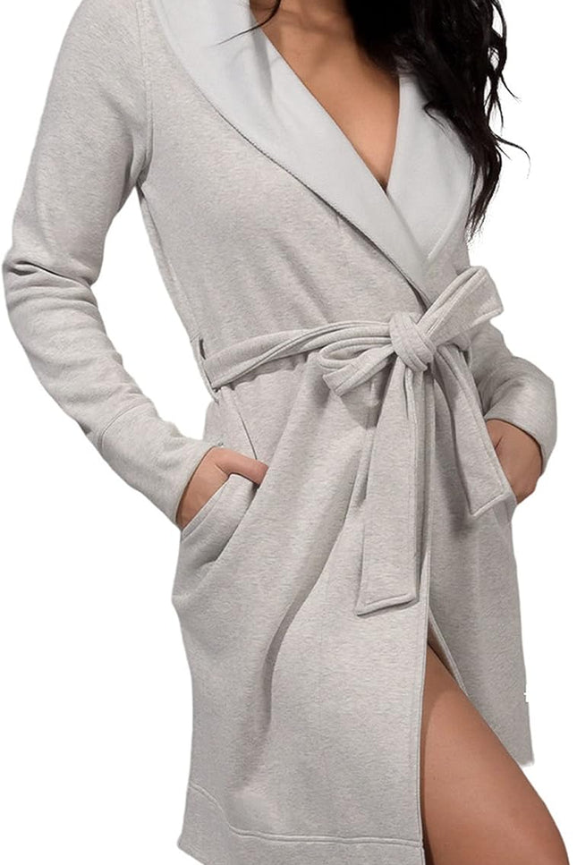 Women wearing ultra plush cozy fleece robe with shawl collar and pockets in heather grey