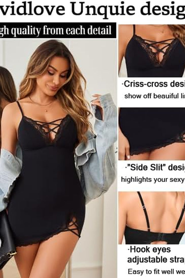 Avidlove Women Sexy Nightgown Lace Babydoll Chemises V-Neck Modal Sleepwear Full Slip Side Slit Sleep Dress XS-XXL