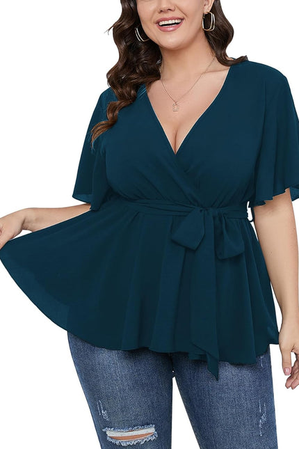 SCOMCHIC Women'S plus Size Short Sleeve V Neck Wrap Belted Ruffle Peplum Blouse Tops