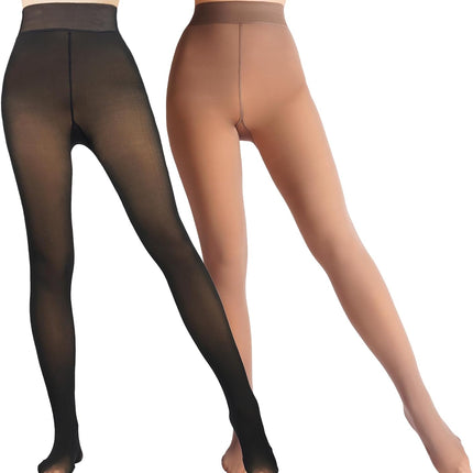 2-pack fleece lined sheer tights for women with fake translucent look and high-waist winter fit