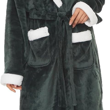 Long plush fleece hooded robe for women with soft warm fabric and relaxed fit
