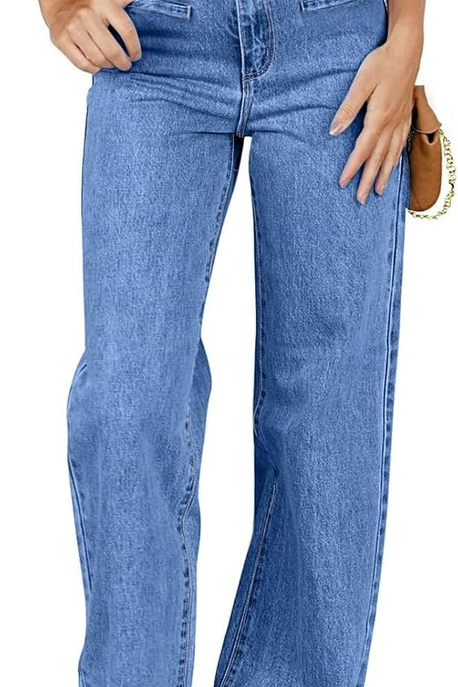 Sidefeel Women'S Jeans High Waisted Straight Leg Stretchy Jeans Trendy Welt Pockets Loose Wide Leg Zimbaplatinum Denim Pants