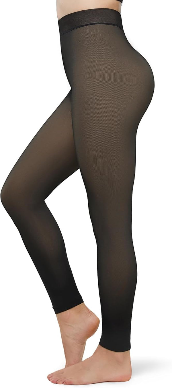 Fleece Lined Tights for Women – Sheer Fake Translucent High-Waist Thermal Pantyhose