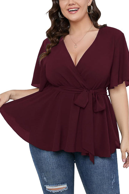 SCOMCHIC Women'S plus Size Short Sleeve V Neck Wrap Belted Ruffle Peplum Blouse Tops