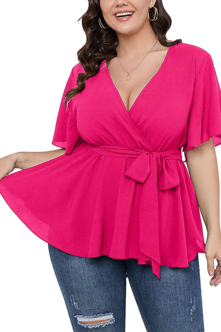 SCOMCHIC Women'S plus Size Short Sleeve V Neck Wrap Belted Ruffle Peplum Blouse Tops