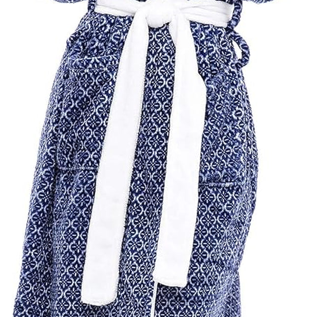 Women wearing full length fleece hooded bath robe for winter lounging
