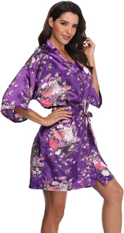Super Shopping-Zone Women'S Floral Short Satin Bridesmaid Robes Silky Bride Robes Getting Ready