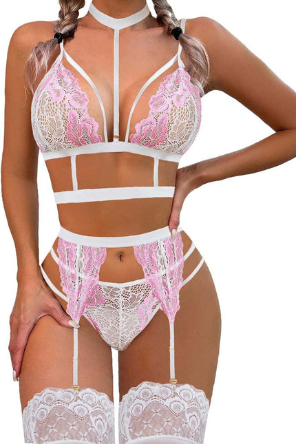 Avidlove Lace Garter Lingerie Set with Removable Choker Teddy Babydoll Strappy Bra and Panty Set (No Stockings)