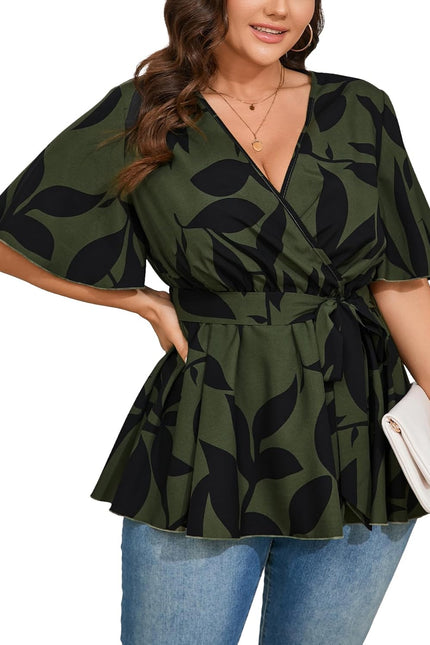 SCOMCHIC Women'S plus Size Short Sleeve V Neck Wrap Belted Ruffle Peplum Blouse Tops